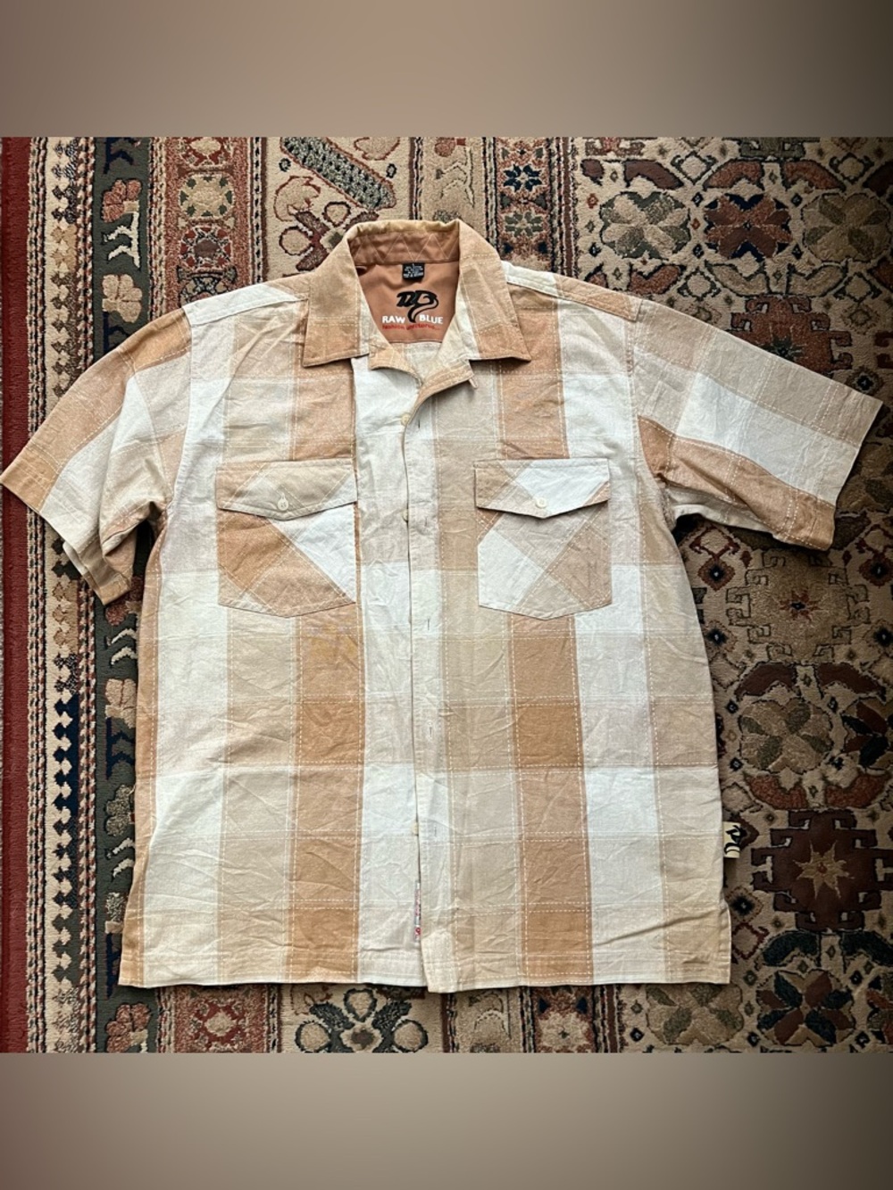 Vintage Raw Blue Men's Short-Sleeve Beige Plaid Metallic Button-Up Shirt